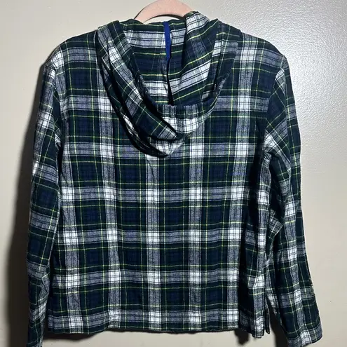 L.L.Bean  Green Blue Plaid Flannel Hooded Comfy Pullover | XS