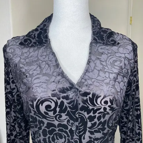 Ultra Pink Velvet Burnout Collared Button Bell Sleeve Tunic Blouse Size Med Goth