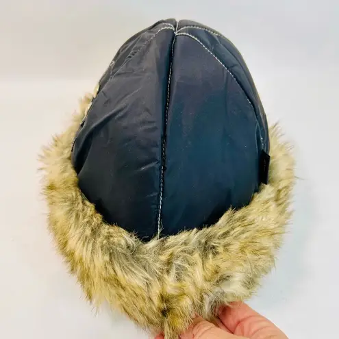 Quest Faux Fur Aviator Bomber Hat in Black Nylon and Brown Fur size M/L