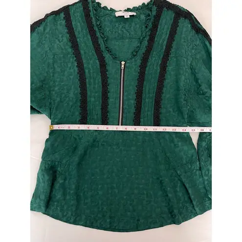Koche Elegant Emerald Green Blouse Jacquard Black Lace Embroidered Size 36 or 6