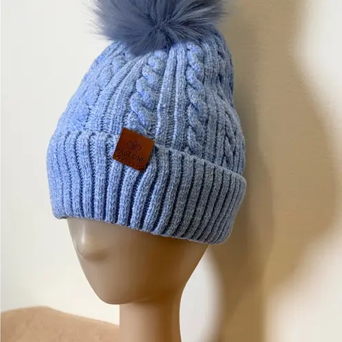 Pace One Baby Blue Cable Knit Beanie with Faux Fur Pom Winter Hat