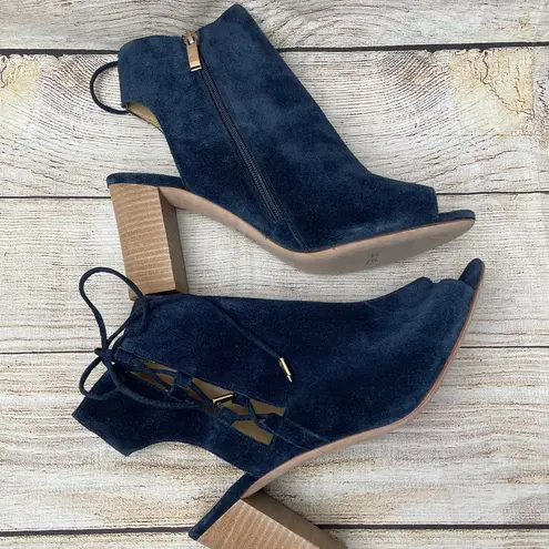 Vaneli Blue Suede Peep Toe Chunky Wood Heels Slingback Sandal Booties Size 10