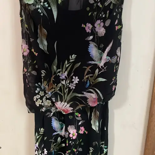 Fuzzi Bouquet Floral Hummingbird Print Sleeveless Tulle Jersey Sheath Dress Black Size M