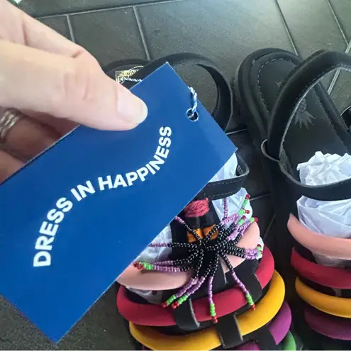 Farm Rio NEW Black Rainbow Beaded vegan sandals with dust bag size 9 tassels