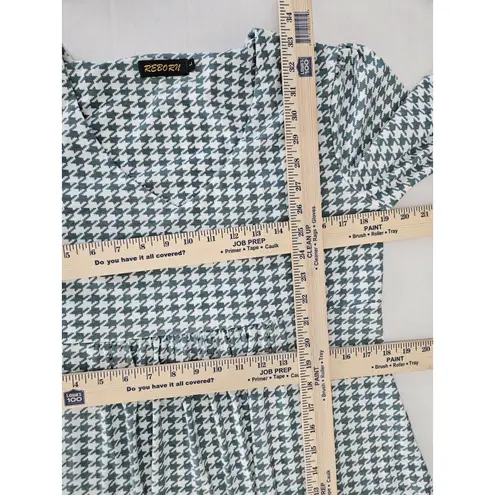Reborn Green & White Houndstooth Babydoll Dress Bell Sleeves Sz L Size L