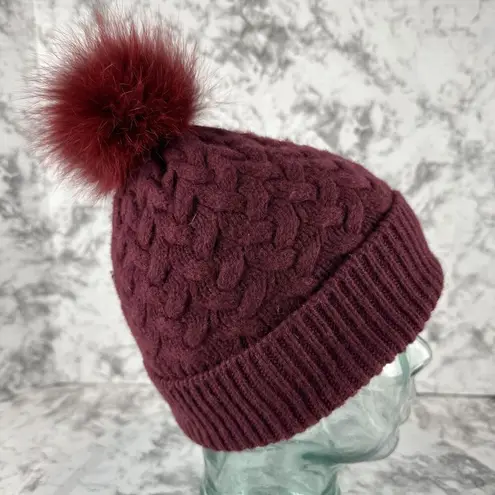 Vintage Mitchie's Maroon Wool Cable Knit Beanie Faux Fur Pom Pom Red