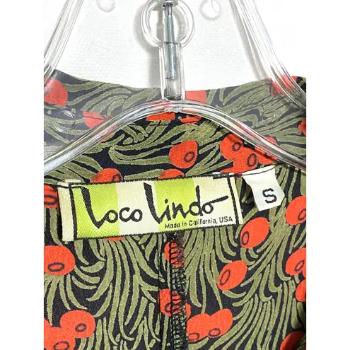 VTG Loco Lindo Cherry Rayon Tunic Button Top Women S Retro Artsy Unique Boho 90s Green