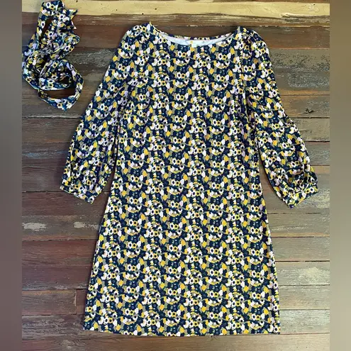 Boden Jersey Dress Tie Waist Tulip Cluster Print French Navy