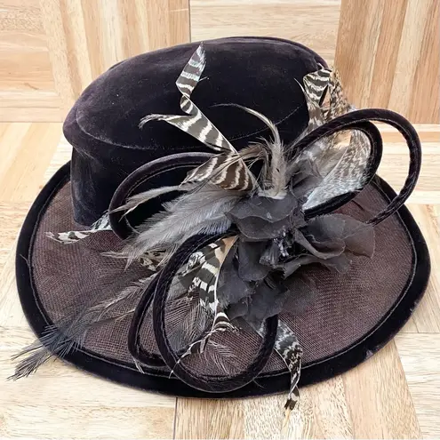 PETER BETTLEY London Chocolate Brown Straw Velvet Feather Fascinator Hat