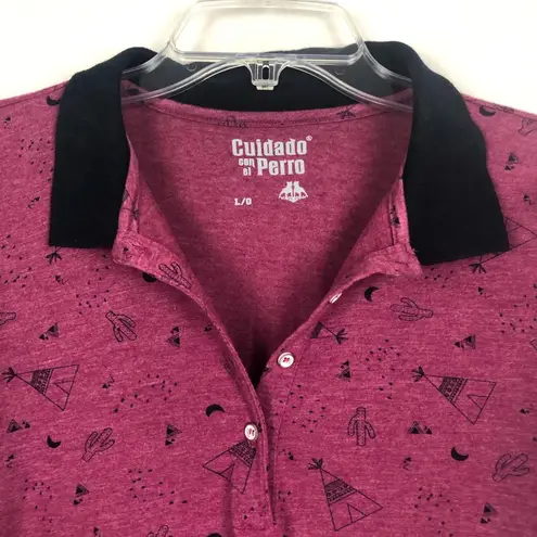 Cuidado Con El Perro Pink Short Sleeve Polo Tee Size Large