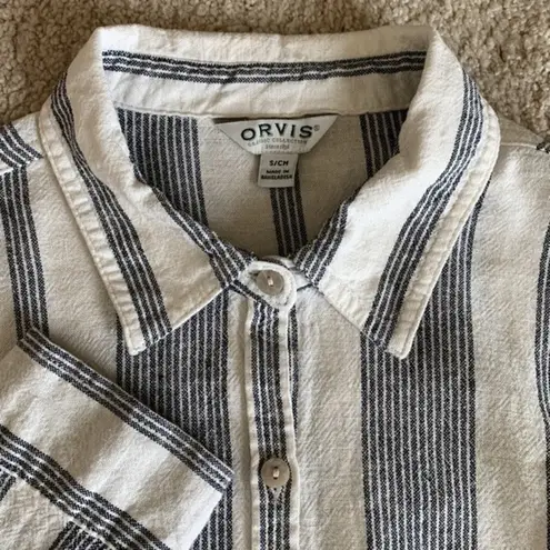 Orvis  Women’s Small Black & White Striped Linen Long Sleeve‎ Button Shirt