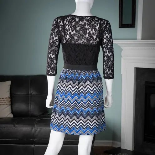 Speechless Black Lace and Blue Chevron 3/4 Sleeve Mini Dress