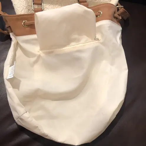 Ivory Embroidered Crochet Bucket Bag Brown Faux Leather Trim Crossbody Strap