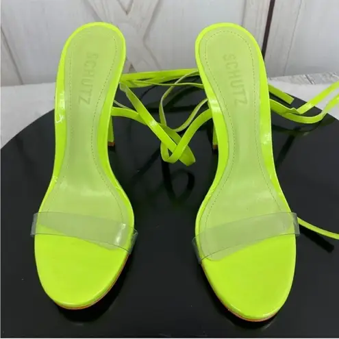 Schutz Cloe Ankle Wrap Heels Neon Green 7 Clear Toe Strap Open Toe