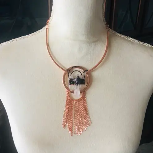 Amethyst Handcrafted copper clear quartz fringe pendant necklace