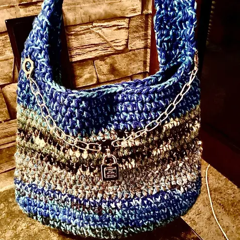 Crochet Shoulder Bag. Crossbody Knitted Woven Hobo Style w/ Blue & Tan Soft Yarn