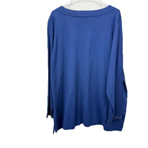 Quacker Factory Navy Blue Beaded V Neck Pullover Sweater Size 2X