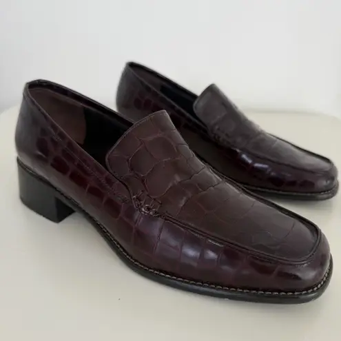 Vintage Nino Cerruti Loafers Womens 6 Croc Embossed Leather Square Toe Oxblood Black