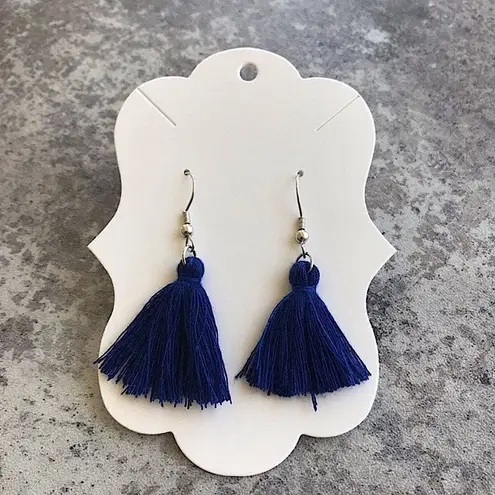 Handmade Tassel Earrings Silver Navy Blue Boho Festival USA Feminine