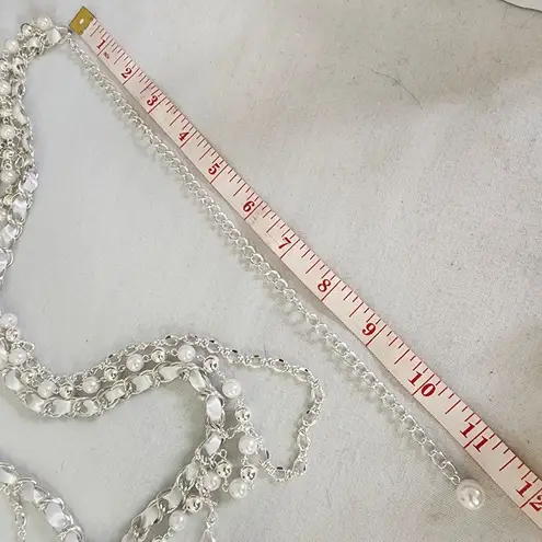 Silver Pearls Ribbon Layered Waist Chain Link Belt Adjustable