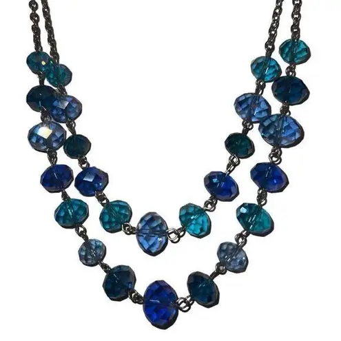 Cobalt & Sky Blue Crystals Double Strand Layer Beaded Women’s Necklace