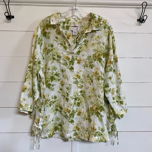 Laura Ashley Floral Linen Tunic Top 3/4 Sleeve Collared Blouse 3X NWOT