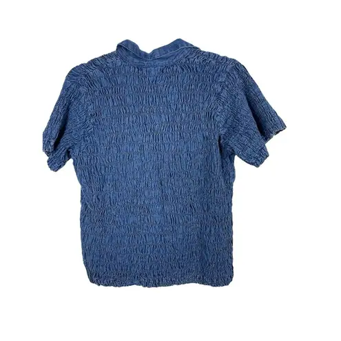 VTG Y2K 90s Blue Crinkle Denim Look Lace Up Shirt 2X Textured Stretch Top 2X