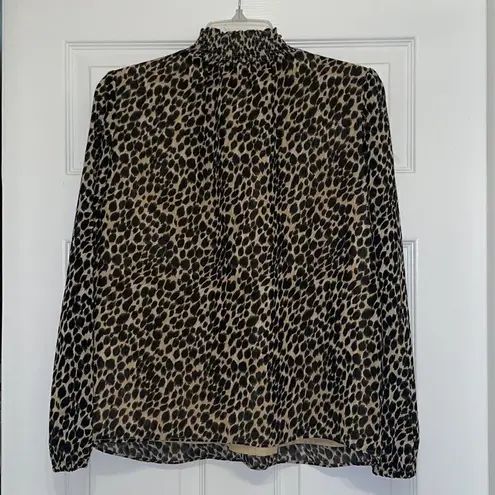 J Crew Factory Leopard Long Sleeve Chiffon Gathered Mock Neck Blouse Tan Size XS