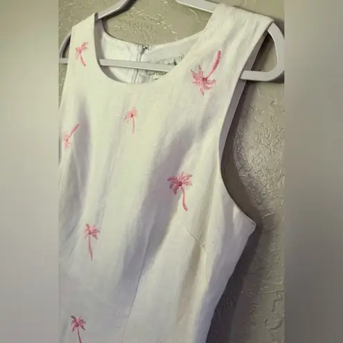 Real Comfort Linen White w/Pink Embroidered Palm Trees SL Lined Dress Size 12