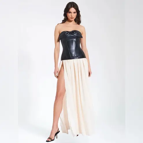 NWT Miss Circle Maayan Black Vegan Leather Corset High SlitDrop Waist Maxi Dress