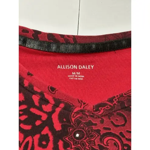 Allison Daley Red & Black Ombr Floral Leopard Print V-Neck Rhinestone Top M/M