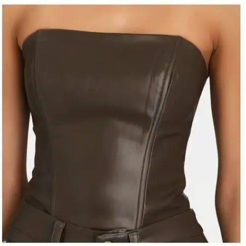 We Wore What Brown Strapless Faux Leather Corset Top