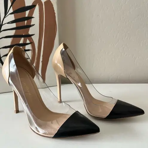 Gianvito Rossi Plexi 105 Black Nude Leather Stiletto Heel PVC Pumps Size 36.5