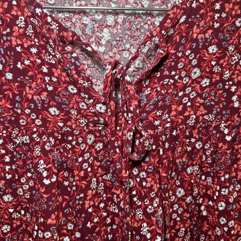 Reformation Jeans Dress Small Floral Print Long Sleeve Tie Neck Mini Maroon boho Red