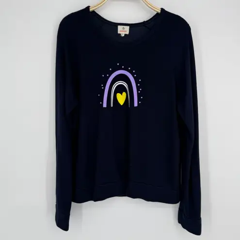 Sundry Rainbow Heart Sweatshirt Size Large Navy Graphic Pullover Crewneck Cozy