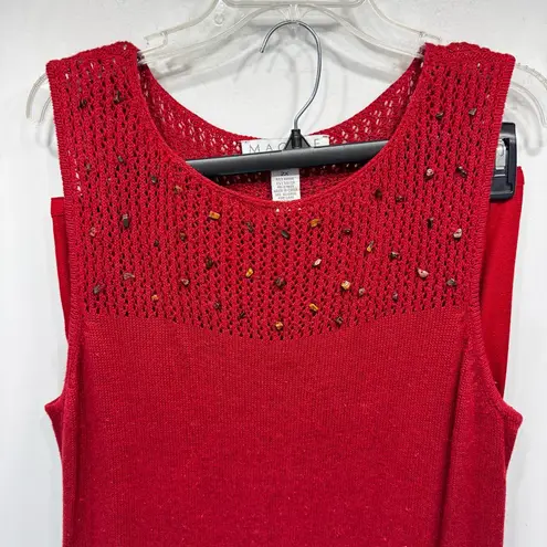 Vintage 80s Maggie McNaughton 2 piece Beaded Knit Tunic & Linen Cropped Pants Red Size 1X