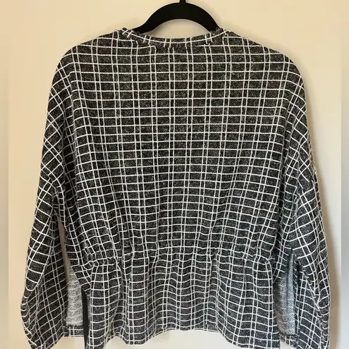 ZARA  Basic Plaid Tie Boxy Long Sleeve Black White Top Crew Neck sz M