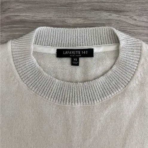 Lafayette 148 New York 100% Cashmere Crewneck Sweater Ivory + Light Grey Trim Size XS - Image 2