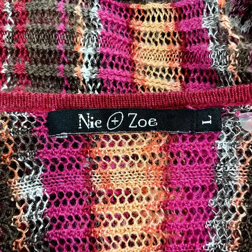 Nic+Zoe Cardigan Sweater Womens L Multicolor Stripe Tie Front 3/4 Sleeve Linen