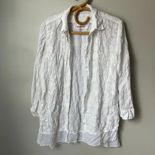 Johnny Was White Embroidered Flower Button Down Long Sleeve Women's XS