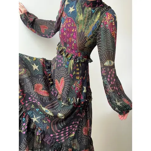 Farm Rio Black Amazonia High Neck Jungle Theme Ruffle Tiers Maxi Dress Size XS