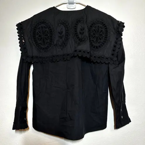 Sea NY Marina Collar Blouse Tiered Scalloped Button Up Long Sleeve Black XS