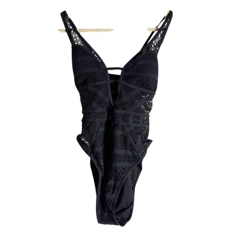 BECCA by Rebecca virtue Becca Rebecca Virtue Color Play Black Crochet Plunge One-Piece Swimsuit Size L