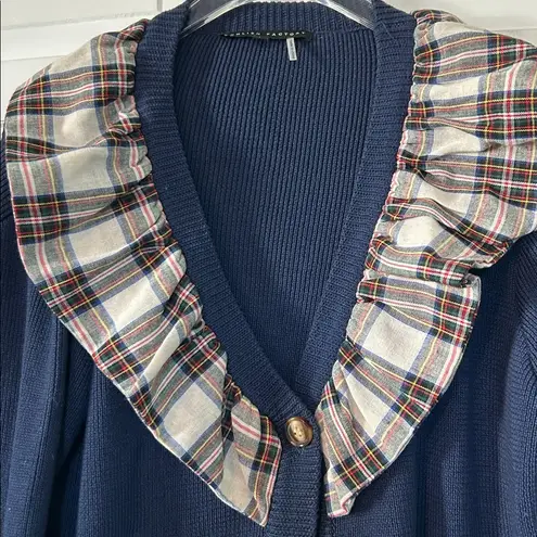 English Factory NWOT Navy Cardigan with Plaid Ruffle Size M
