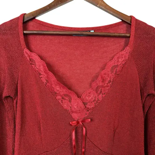 Y2K Rinascimento Babydoll Knit Top M Italian Ruffled Lace Trim Burgundy Red Bows Size M