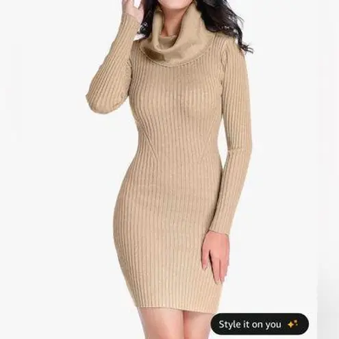 V28 Women Cowl Neck Sweater Long Sleeve Ribbed Knit Fitted Beige Dress Size M Tan Size M