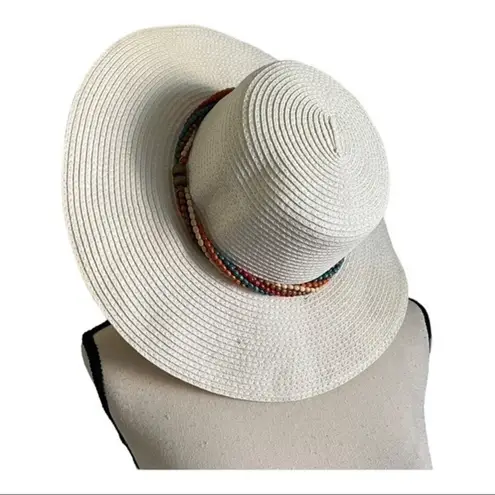 Straw Sun Visor Multi Stranded Beaded Trim Floppy Hat Red