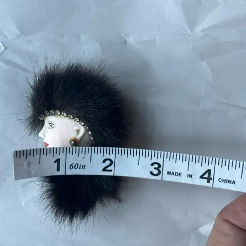 Elegant Vintage Lady Brooch with back furry head and Rhinestone Accents Black