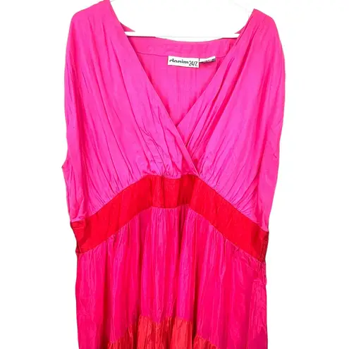 DENIM 24/7 | 26W Tiered Maxi Dress Ruffle Pink Red Tank Sleeveless Long Flowey