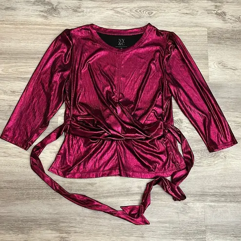 New York And Company Hot Pink Shimmery 3/4 Sleeve Wrap Blouse Size Medium